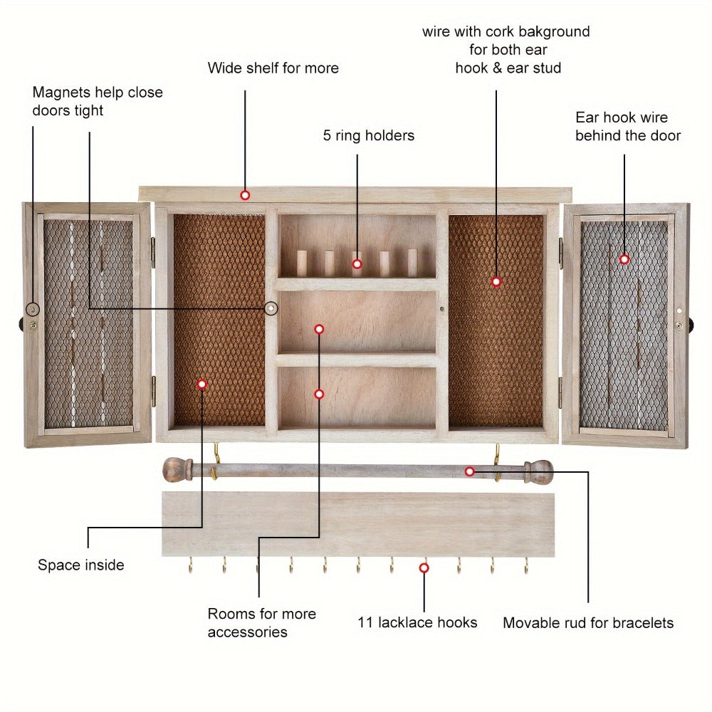 Jewelry Organizer Rustic Wall-Mounted Wood Shelf with Removable Bracelet Rod, Necklace Hooks and Ring Slots