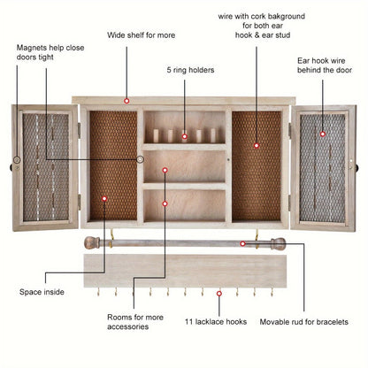 Jewelry Organizer Rustic Wall-Mounted Wood Shelf with Removable Bracelet Rod, Necklace Hooks and Ring Slots