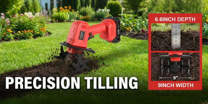 Cordless Electric Cultivator 20V Handheld Rotary Tiller, 9-Inch Width 6.6-Inch Depth, 1 or 2 Batteries & Charger