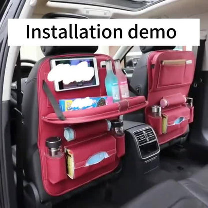 All-in-One Back Seat Organizer with Foldable Table Tray, Kick Mats, Cup Holder, Tissue Box, Umbrella Holder & Laptop Tray – 2-Piece Set