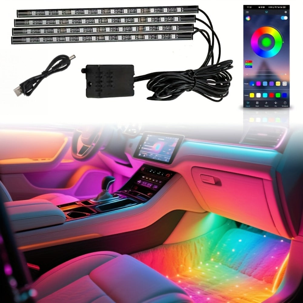 Four-Piece 5V USB RGB Car Footwell LED Light Kit for Under-Seat and Interior Accent Installation
