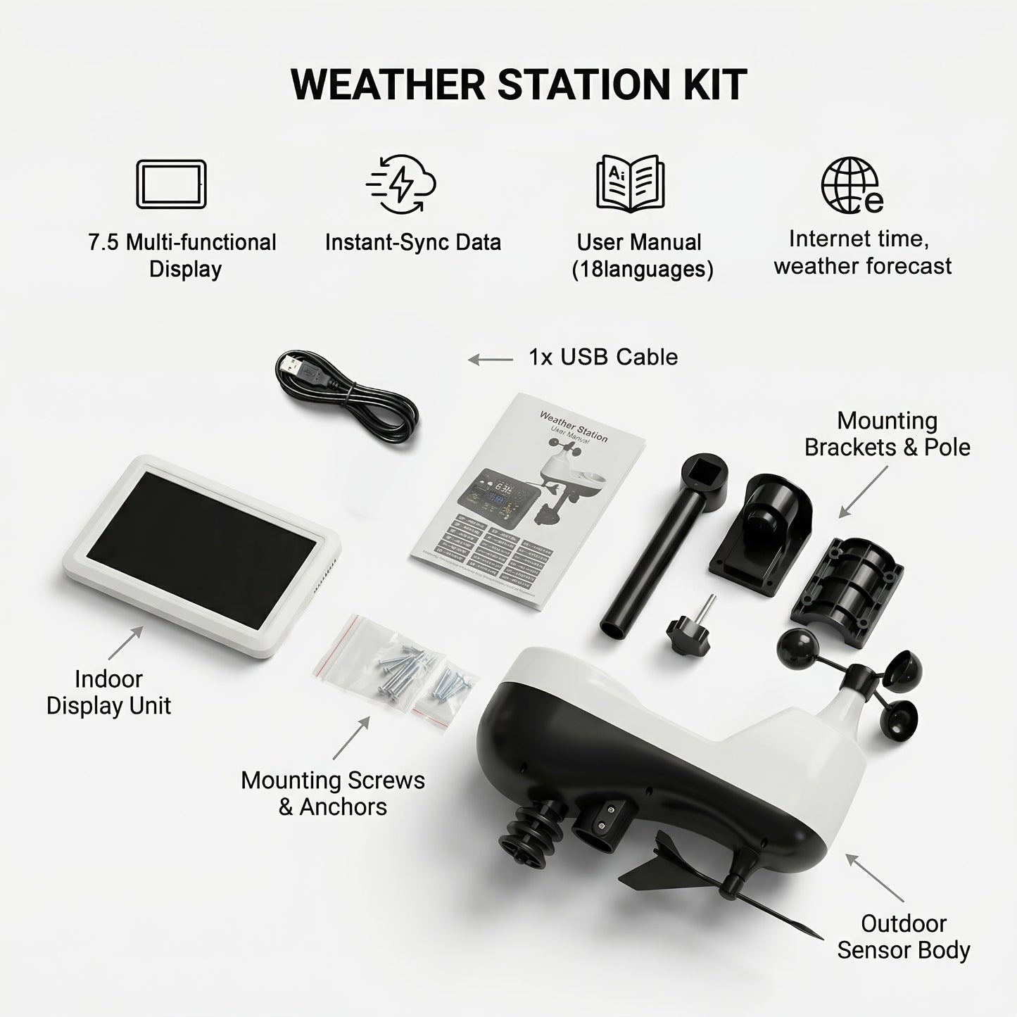 WiFi Weather Station | 7-in-1 Rain Gauge Wind Speed App Forecast