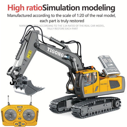 RC Excavator Toy 1:18 Scale 2.4GHz Remote Control with Metal Scoop 680-Degree Rotation Lights & Sound
