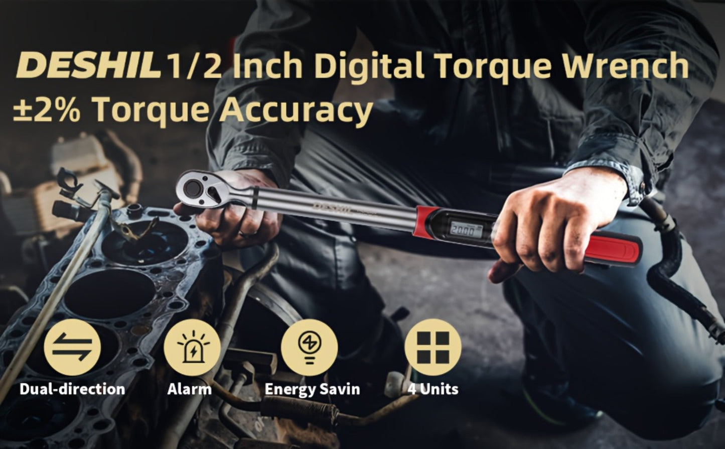 Digital Torque Wrench – 1/2" & 3/8" Drive, ±1% Accuracy, LED & Buzzer Alert, 4 Units, 500 Data Sets, Preset P1-P8
