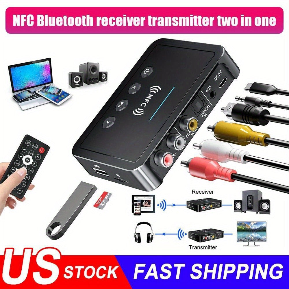 Bluetooth Transmitter Receiver 2-in-1 Wireless Audio Adapter with 3.5mm AUX NFC Input to Dual RCA Output