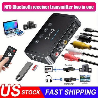 Bluetooth Transmitter Receiver 2-in-1 Wireless Audio Adapter with 3.5mm AUX NFC Input to Dual RCA Output