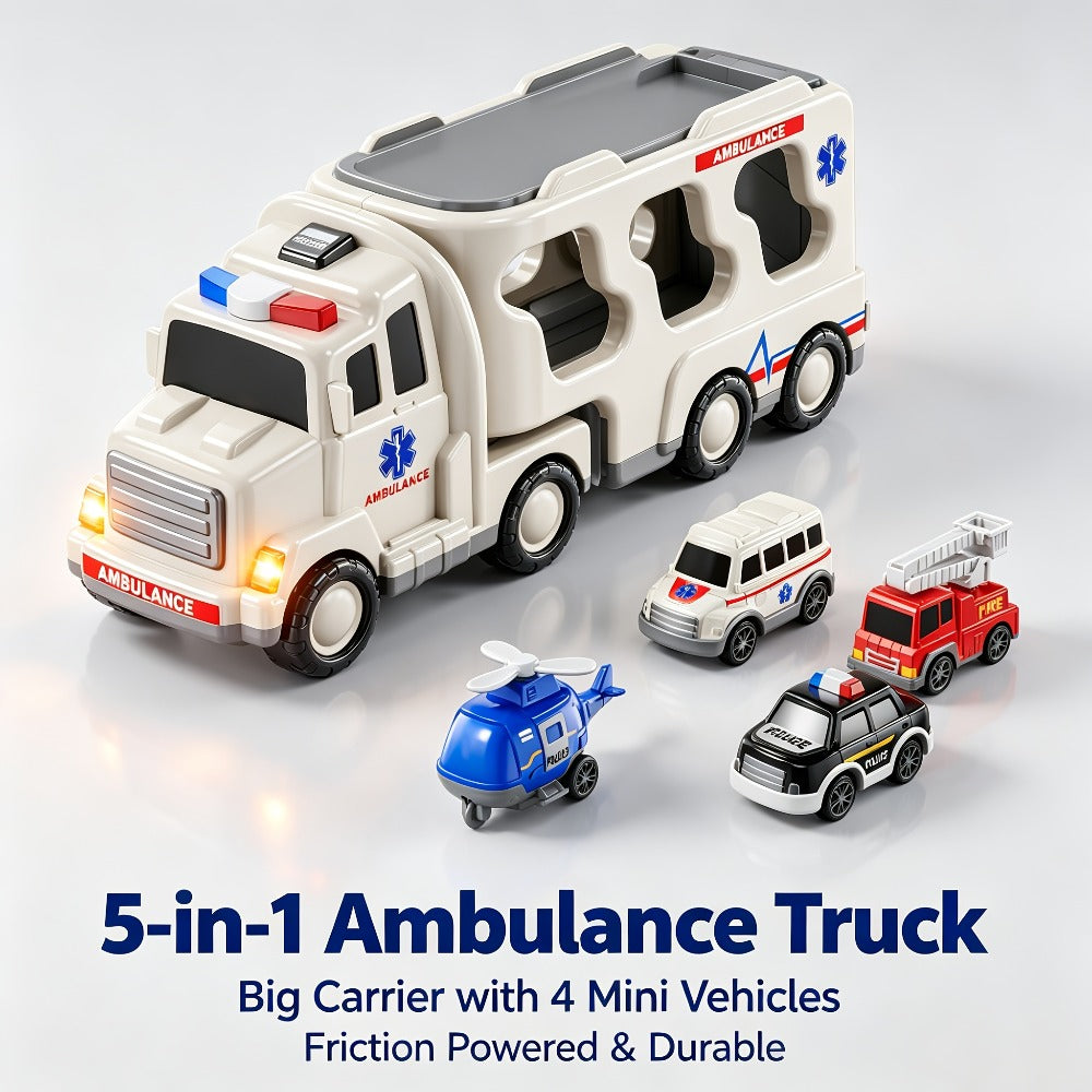 Ambulance Truck Toy Set for Boys, 5-in-1 Friction Power Carrier Truck with Lights & Sounds