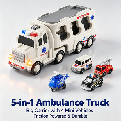 Ambulance Truck Toy Set for Boys, 5-in-1 Friction Power Carrier Truck with Lights & Sounds