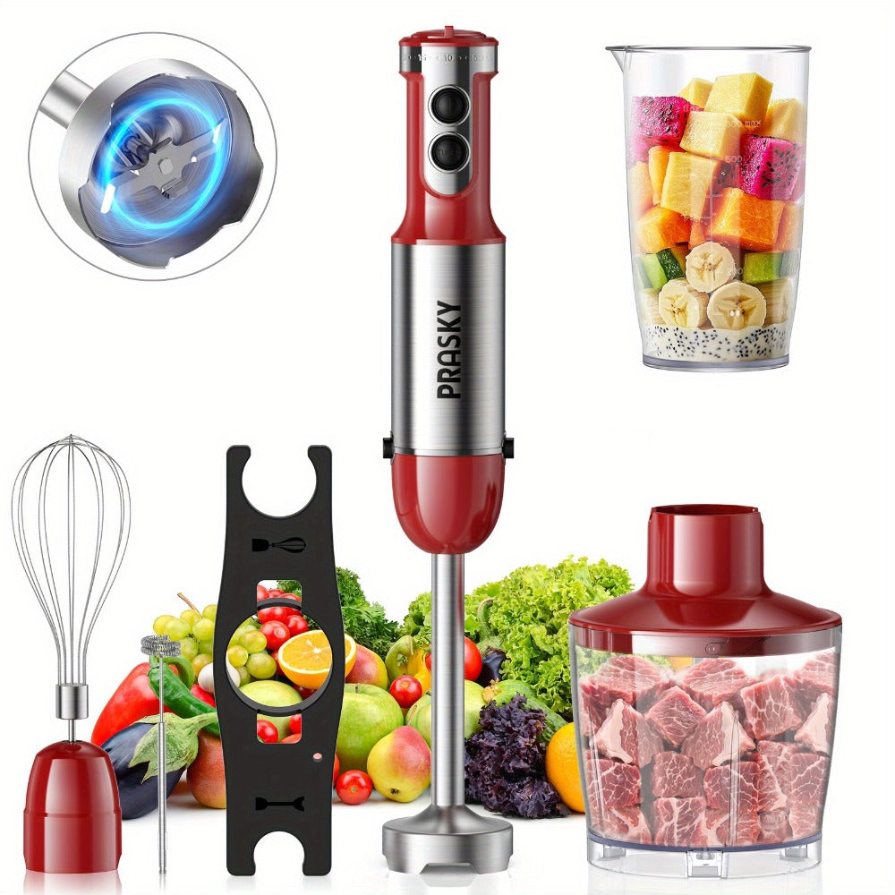 Immersion Blender 5-in-1 Handheld Mixer, Motor, Whisk Meat Chopper Measuring Cup Attachments, Stick Blender for Soups Smoothies Sauces