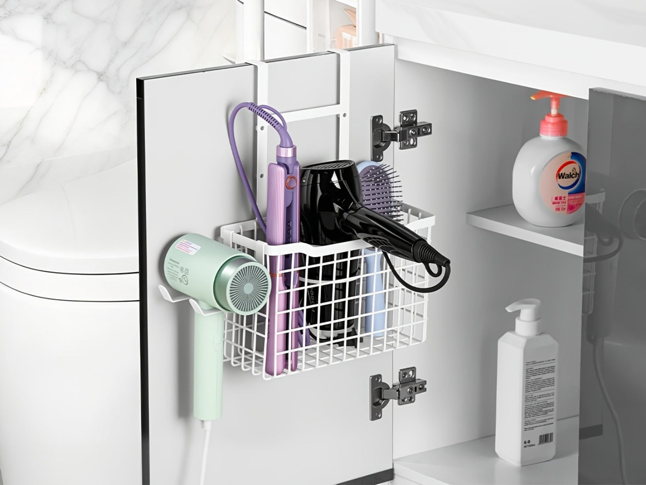 Hanging Hair Tool Organizer with Adjustable Mounting Height, Wire Basket and Black or White Finish