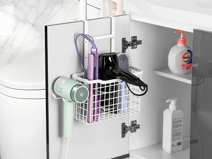 Hanging Hair Tool Organizer with Adjustable Mounting Height, Wire Basket and Black or White Finish
