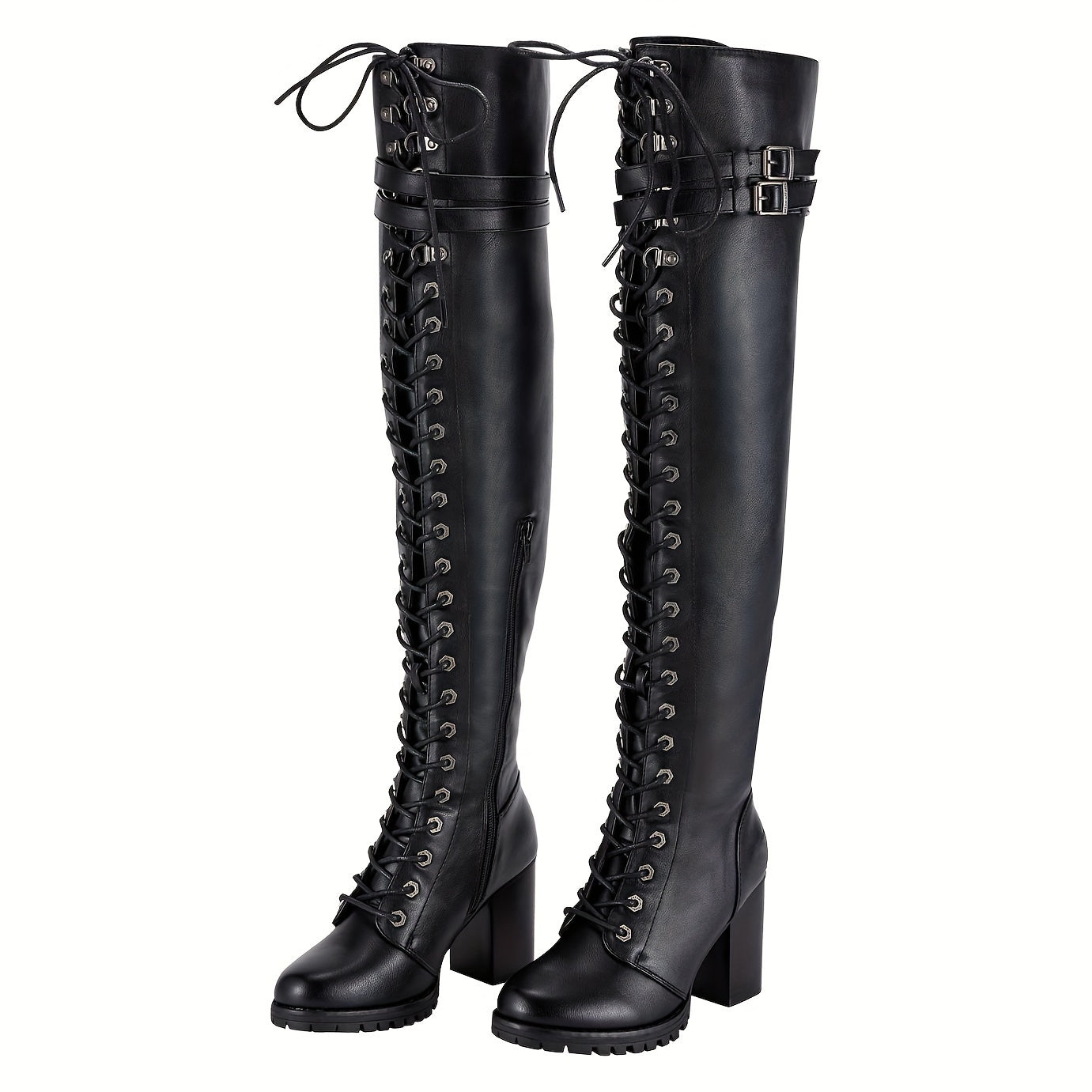 Women's Over-the-Knee Biker Boots, Faux Leather Thigh High Lace-Up Knee High Boots with Chunky Heel & Buckle