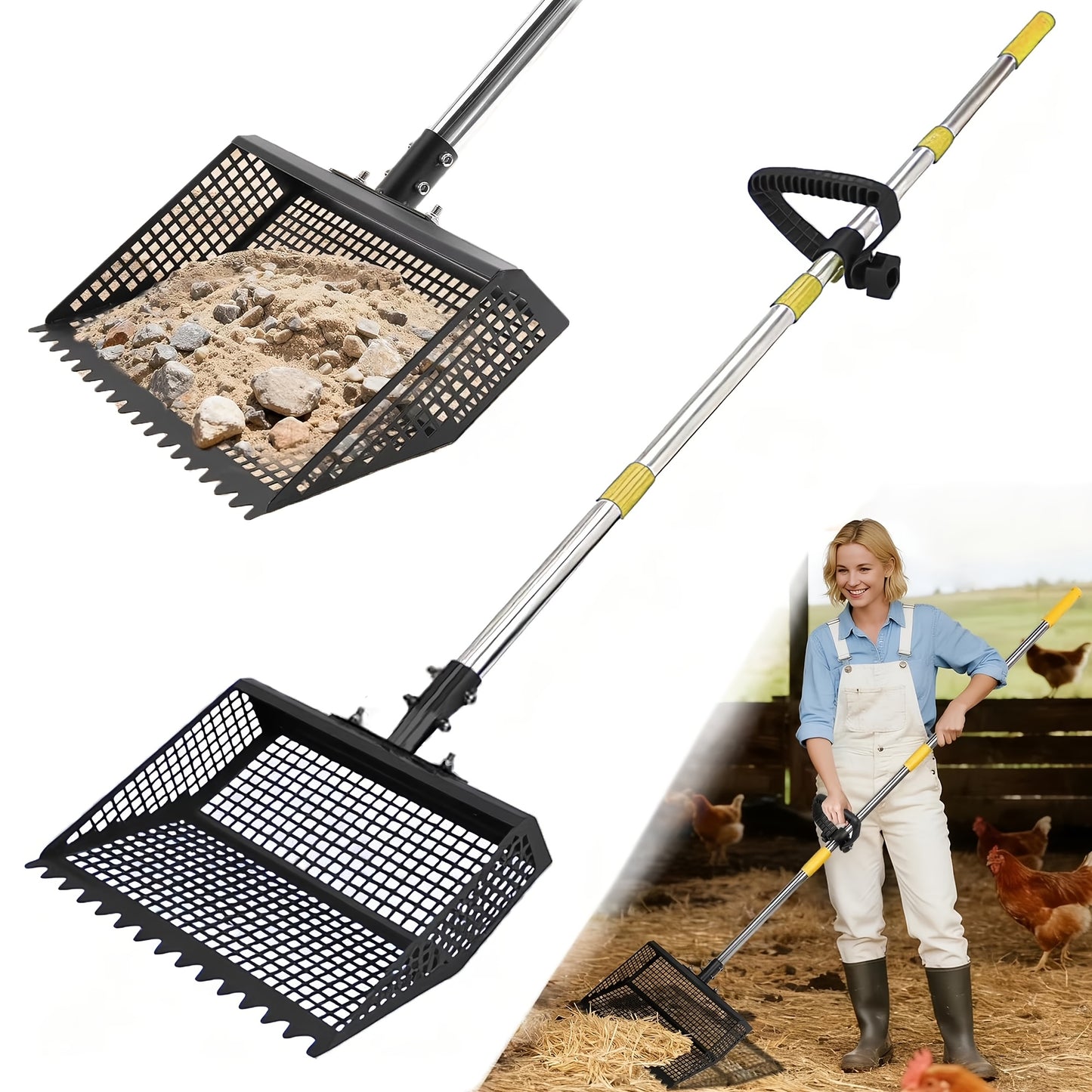 Cat Litter Scooper 2-in-1 Heavy Duty Rake with Adjustable 26–76" Stainless Steel Handle, Shatterproof Sand Sifting Shovel for Litter Box