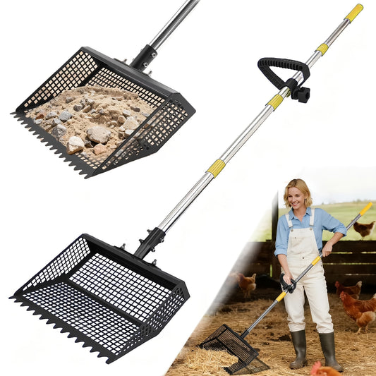 Cat Litter Scooper 2-in-1 Heavy Duty Rake with Adjustable 26–76" Stainless Steel Handle, Shatterproof Sand Sifting Shovel for Litter Box
