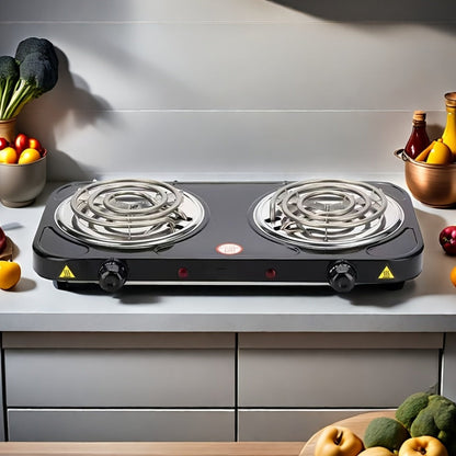 Portable Electric Stove Tabletop Double Burner, Adjustable Rotary Temperature Control, Compact Electric Charcoal Heater for Home