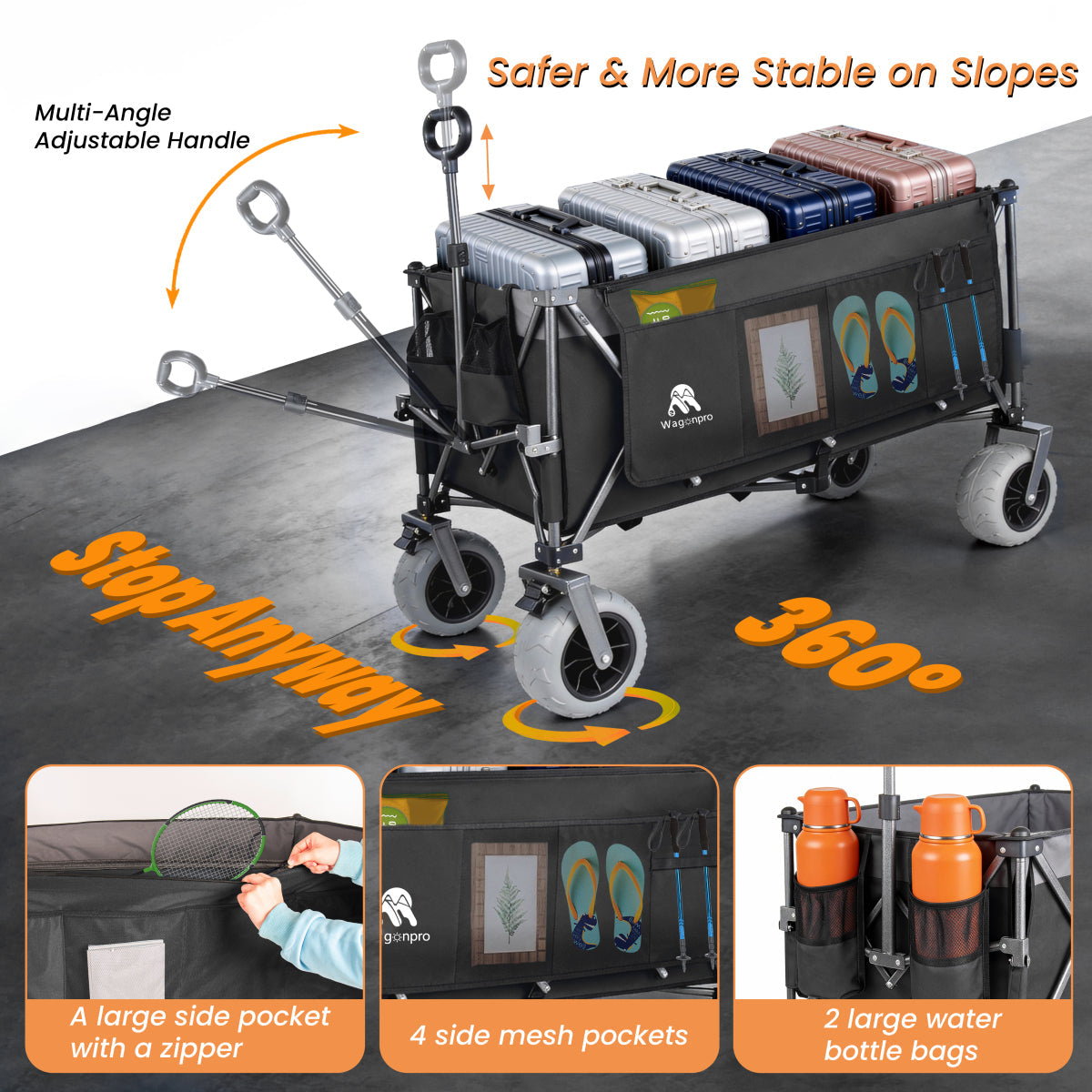 Folding Wagon 52 Inch Utility Cart Collapsible Beach Wagon with Frame for Garden Sports Camping Outdoor