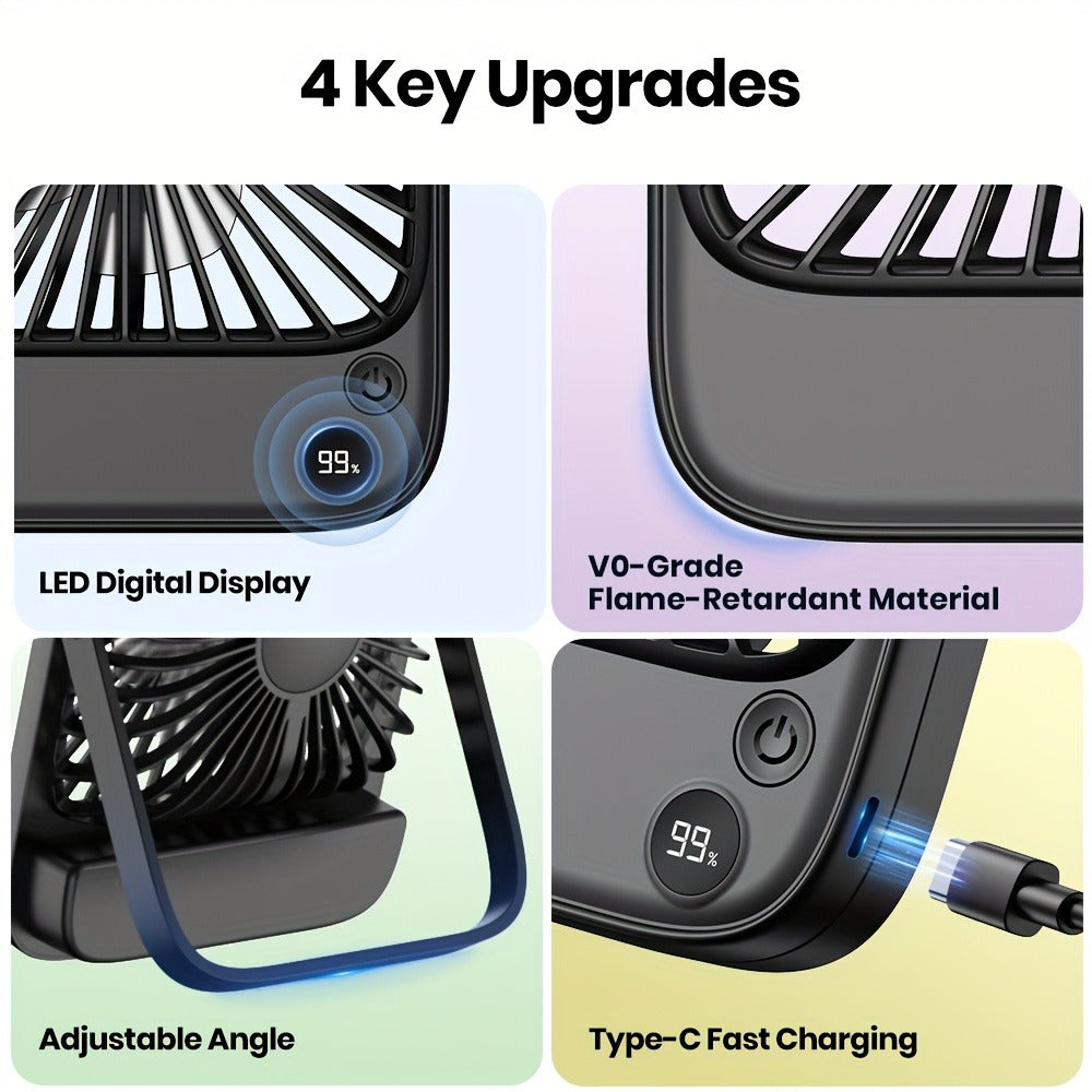 USB Desk Fan Battery Operated, 2000mAh & 5000mAh Rechargeable Mini Personal Fan, 4-Speed Adjustable