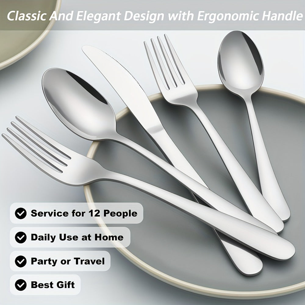 Stainless Steel Flatware Set in 60- or 90-Piece Silver Configurations with Five-Piece Place Settings