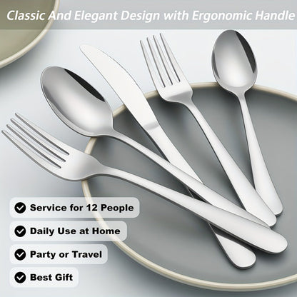 Stainless Steel Flatware Set in 60- or 90-Piece Silver Configurations with Five-Piece Place Settings