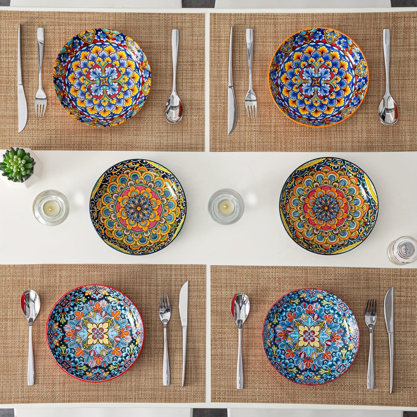 Bohemian Pasta Bowls Set of 6, 32 Oz Porcelain, Floral Pattern, Microwave &, VANCASSO for Entryways, Bedrooms and Living Spaces
