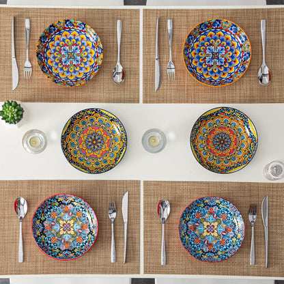 Bohemian Pasta Bowls Set of 6, 32 Oz Porcelain, Floral Pattern, Microwave &, VANCASSO for Entryways, Bedrooms and Living Spaces