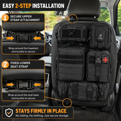 Black MOLLE-Style Seatback Car Organizer Panel with Five Detachable Pouches and Six Keychains