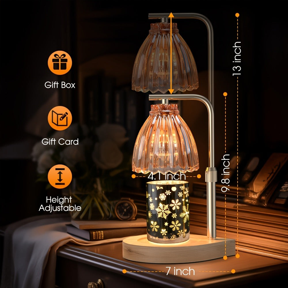 Gold Candle Warmer Lamp with Ribbed Glass Shade, Adjustable Height, Four Brightness Levels and 2/4/8-Hour Timer