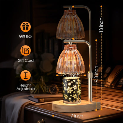 Gold Candle Warmer Lamp with Ribbed Glass Shade, Adjustable Height, Four Brightness Levels and 2/4/8-Hour Timer