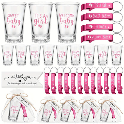Baby Shower Party Favors, 96-Piece Set for 24 Guests with Shot Glasses, Bottle Openers, Thank You Tags and Organza Bags