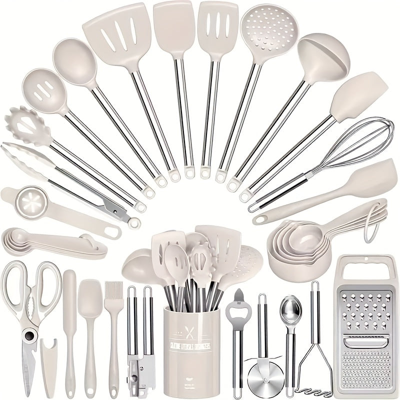 Kitchen Utensils 34-Piece Silicone and Stainless Steel Handle Set with Holder in Four Colors