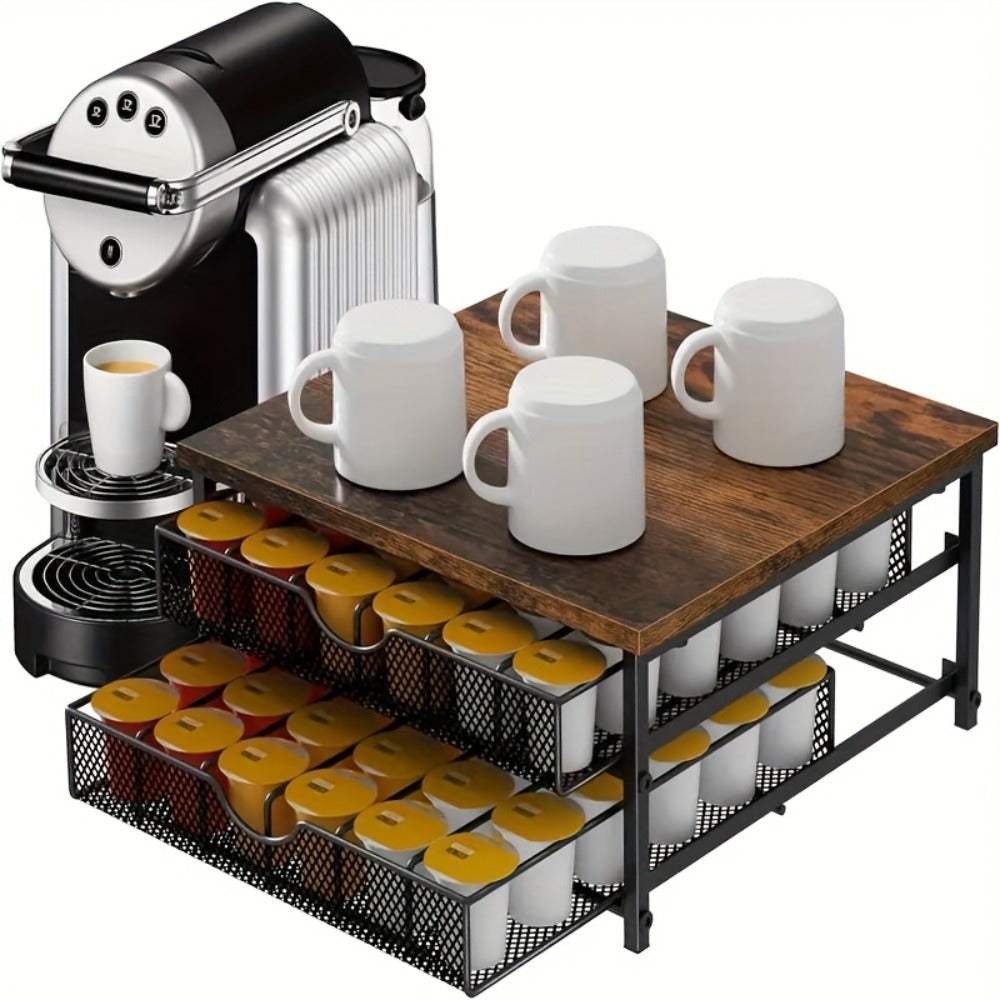 Coffee Pod Holder K-Cup Storage Drawer with Sliding Basket, 48-Capsule Double Layer Coffee Capsule Organizer for Countertop