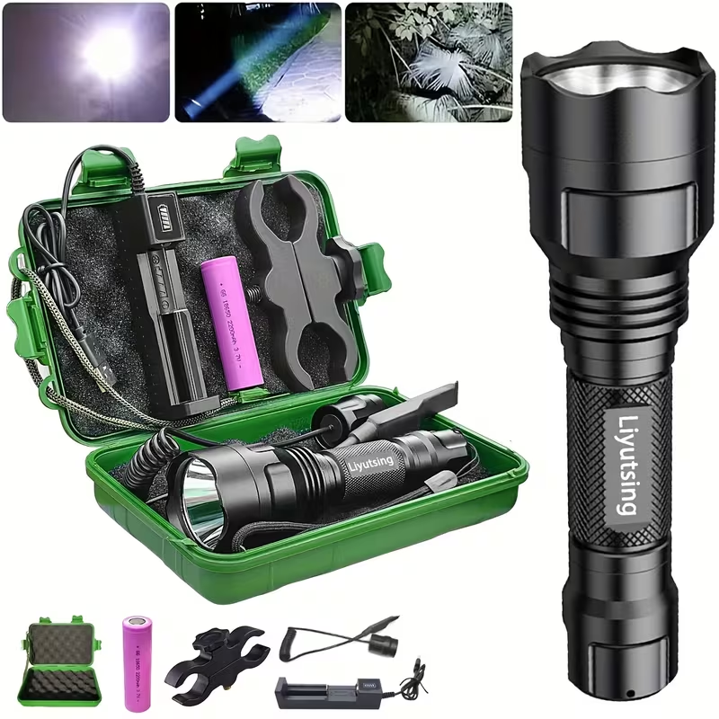 Flashlight Red, Green or White Hunting Light with Remote Switch, 18650 Battery and Mount Options