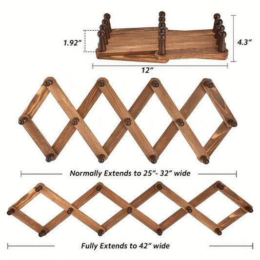 Wall Hat Rack Expandable Wood Accordion Hanger – 13 Hooks for Baseball Caps Coats Scarves Jewelry, Vintage Entryway Hallway Organizer