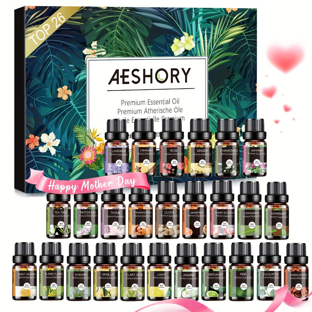 Essential Oil Assortment in 12, 20 or 26 Five-Milliliter Amber Bottles with Floral Gift Box