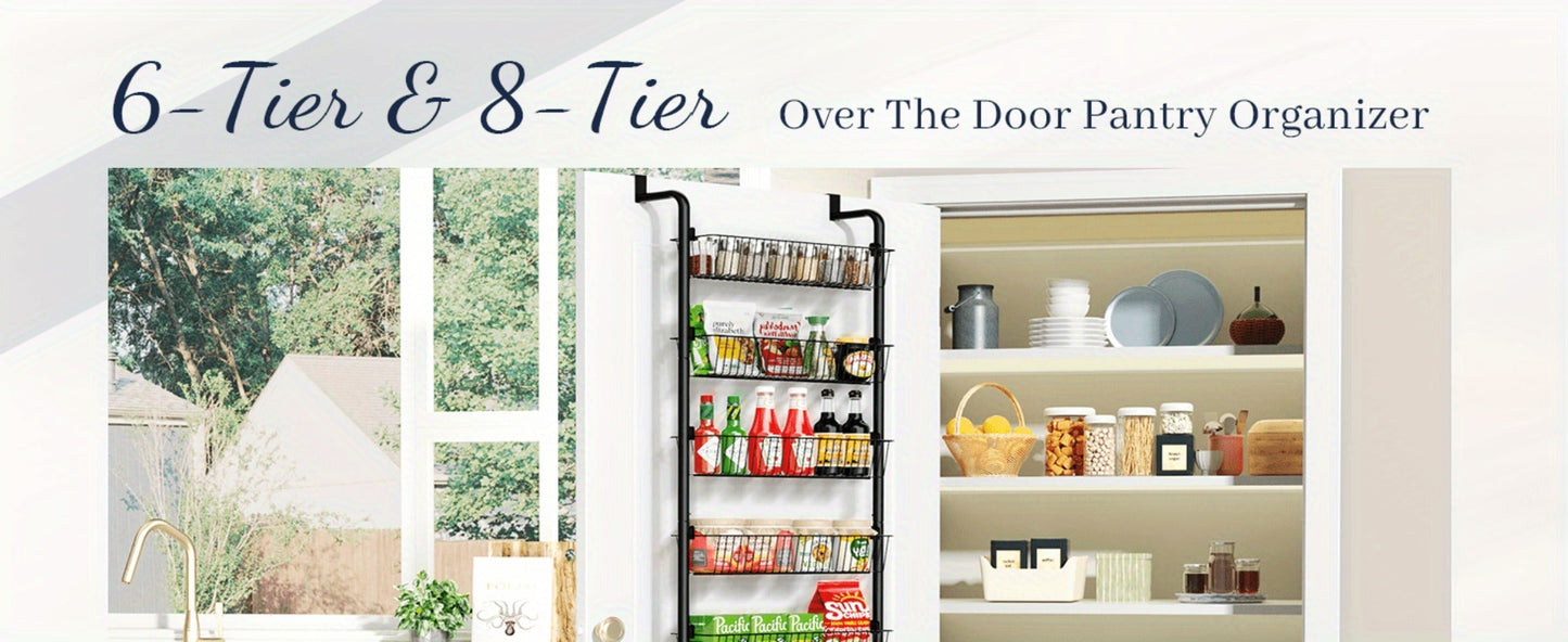 Over Door Pantry Storage Organizer 6 or 8-Tier Metal Spice Rack in Black or White for Kitchen Use