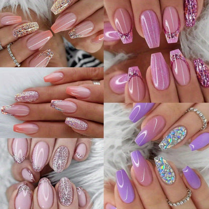 Press On Nails 120-Piece Medium Coffin Five-Pack Pinkish Purple Glitter Sequin Glossy Full-Cover Set