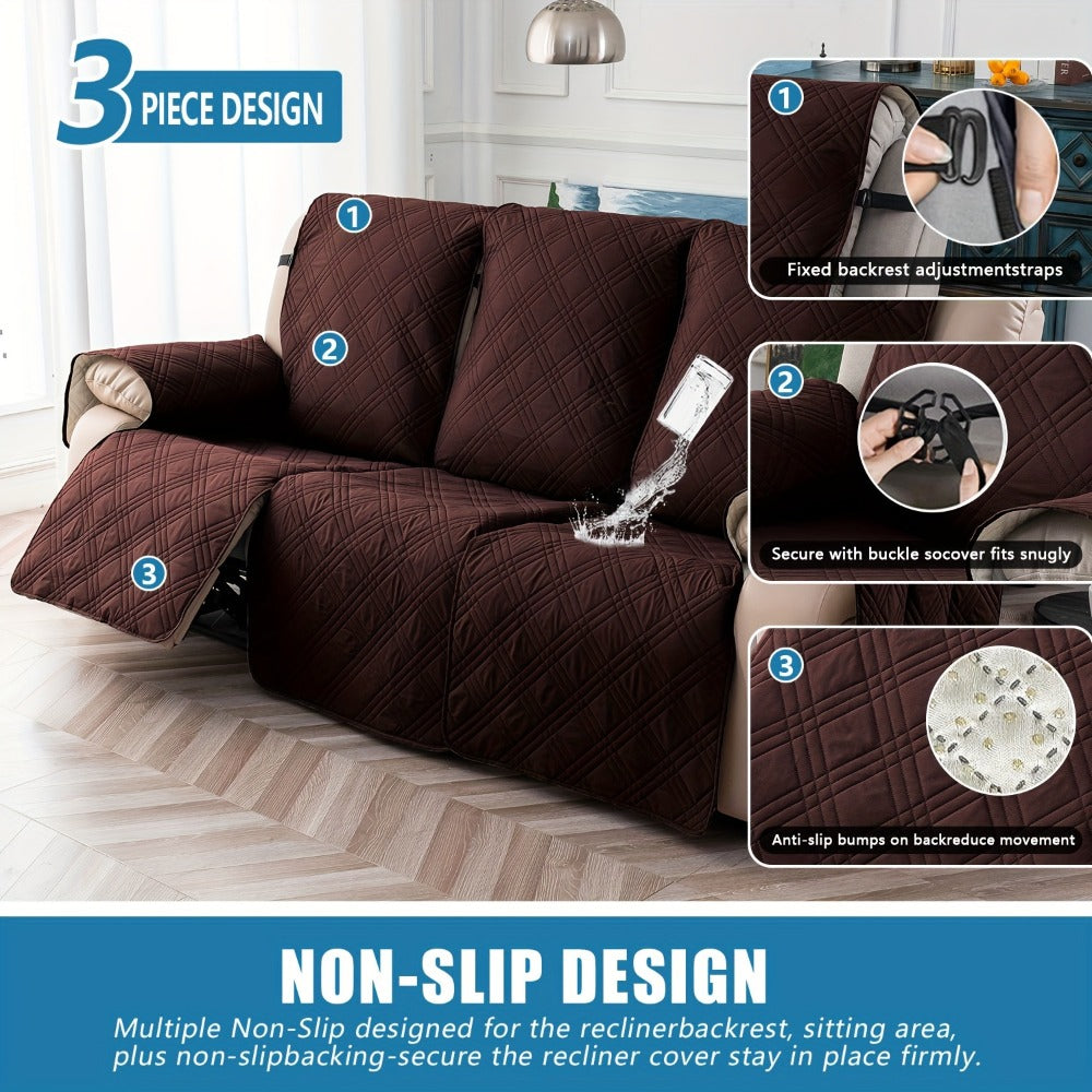 Three-Piece Quilted Recliner Sofa Cover Set for Three Seats with 65 cm Panels and Eight Colors