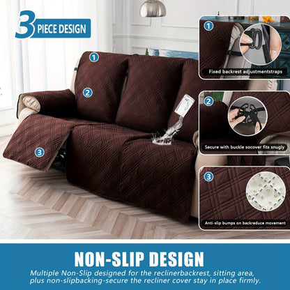 Three-Piece Quilted Recliner Sofa Cover Set for Three Seats with 65 cm Panels and Eight Colors