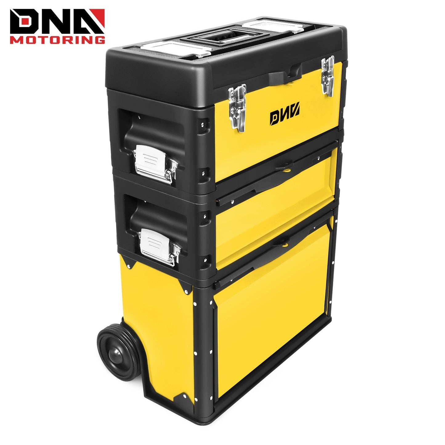 Rolling Tool Box 3-Tier Stackable Portable Toolbox with Wheels 19.5x12x28.5 Inch Steel PP 3-in-1 Detachable Compartments Metal Latches