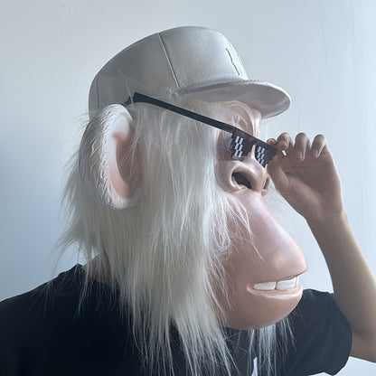 White-Haired Cartoon Ape Full-Head Costume Mask with White Cap and Pixel-Style Glasses in Two Face Styles