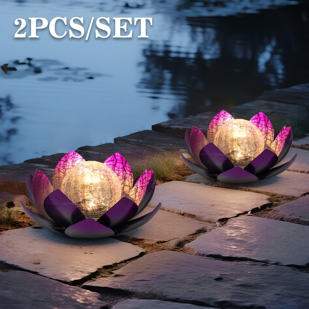 Solar Lotus Cracked Glass Ball Garden Lamp 2pcs, Metal Cracked Ball Solar Light for Outdoor & Indoor Decoration