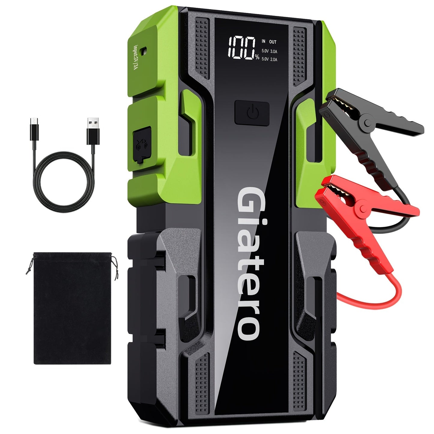 Giatero 10000A Car Jump Starter with 12V Battery Clamps, Digital Display, LED Light and Integrated Air Compressor