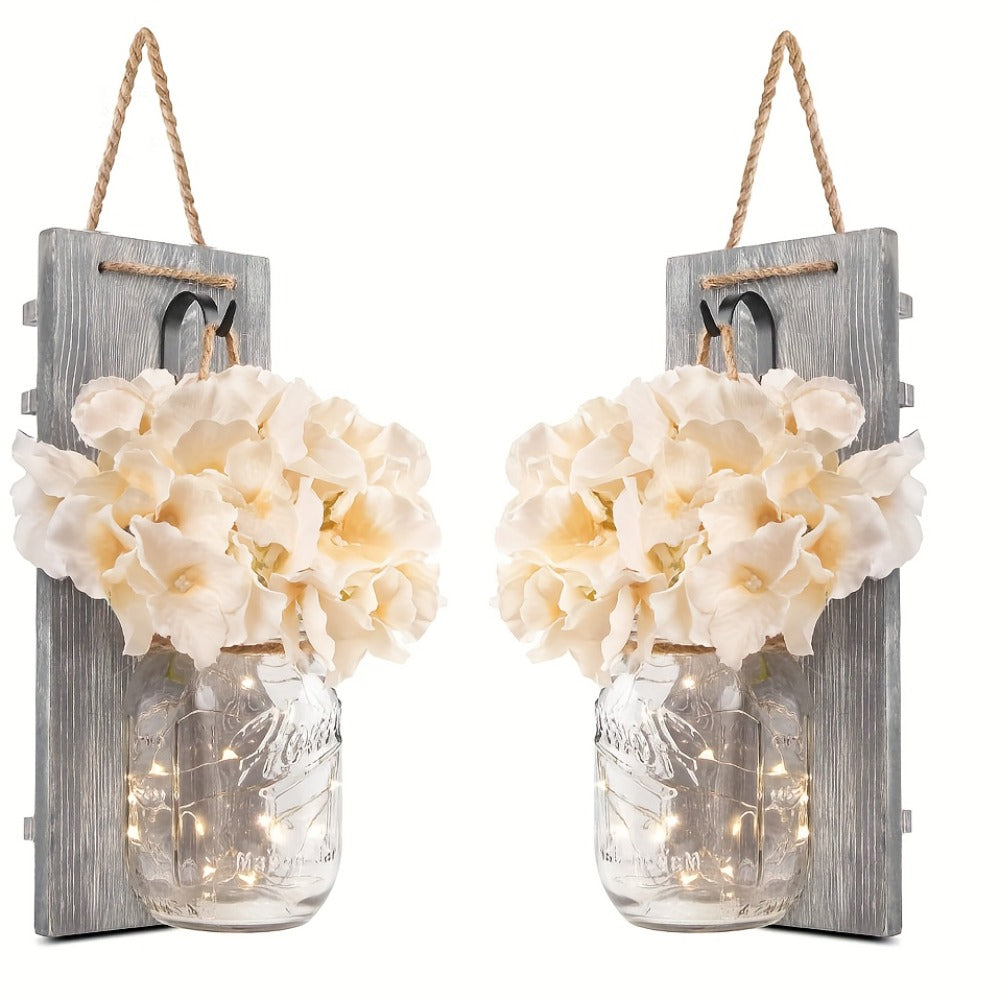 Mason Jar Wall Sconces Set of 2 – Rustic Farmhouse Wall Decor with Ivory Hydrangea Flowers