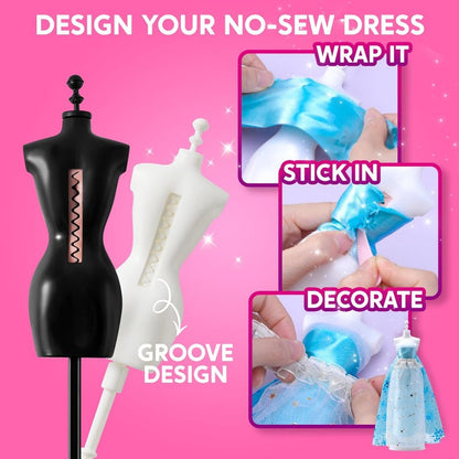 Fashion Design Kit for Girls 400+ Pieces, 3 Mannequins 21 Fabrics Ribbons Trims No-Sew DIY Dress Up Craft Set