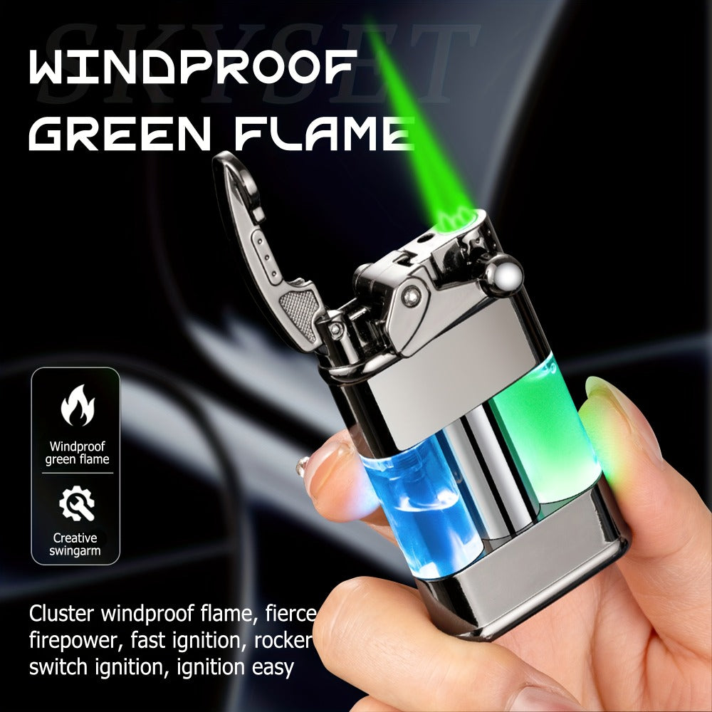Green Flame Metal Lighter Windproof, Refillable Butane Gas Lighter with Adjustable Flame, Fuel Window & Rocker Arm Ignition