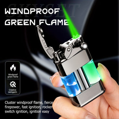 Green Flame Metal Lighter Windproof, Refillable Butane Gas Lighter with Adjustable Flame, Fuel Window & Rocker Arm Ignition
