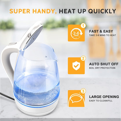Electric Kettle 1.7L 1200W Borosilicate Glass with Blue LED, Auto Shut-Off and Cordless Base