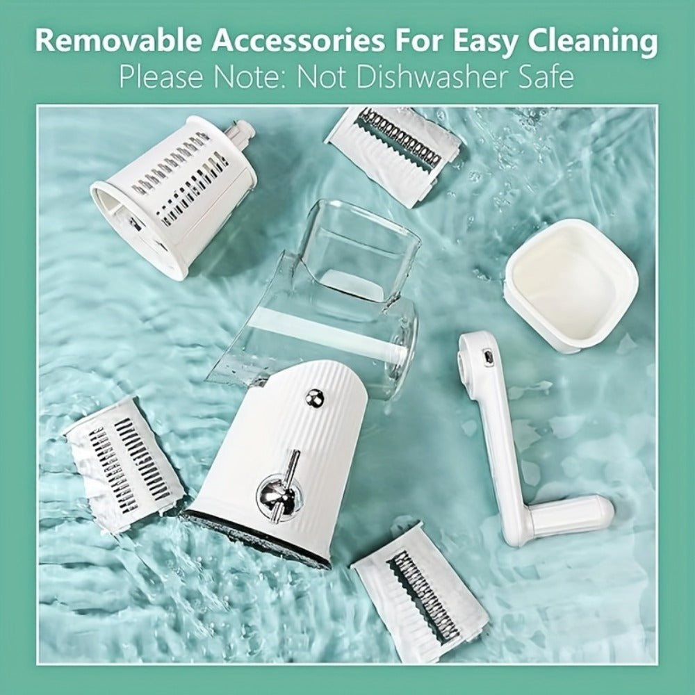Rotary Cheese Grater with Interchangeable Blades, 5-in-1 Manual Vegetable Slicer Shredder Set, Suction Cup Base