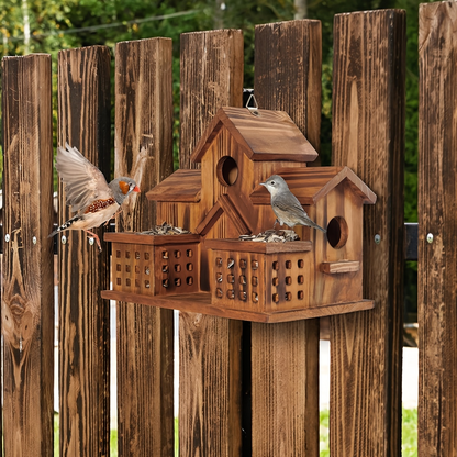 Hummingbird House Outdoor Large Birdhouse with Feeder, 3-Hole Natural Handmade Wood Bird House for Bluebird, Backyard Garden Decor
