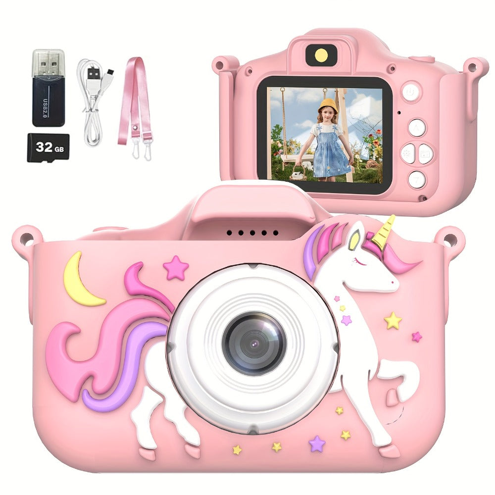 Kids Digital Camera with Rear Screen, Cartoon Unicorn or Dinosaur Shell and Pink, Purple, Blue or Green Options